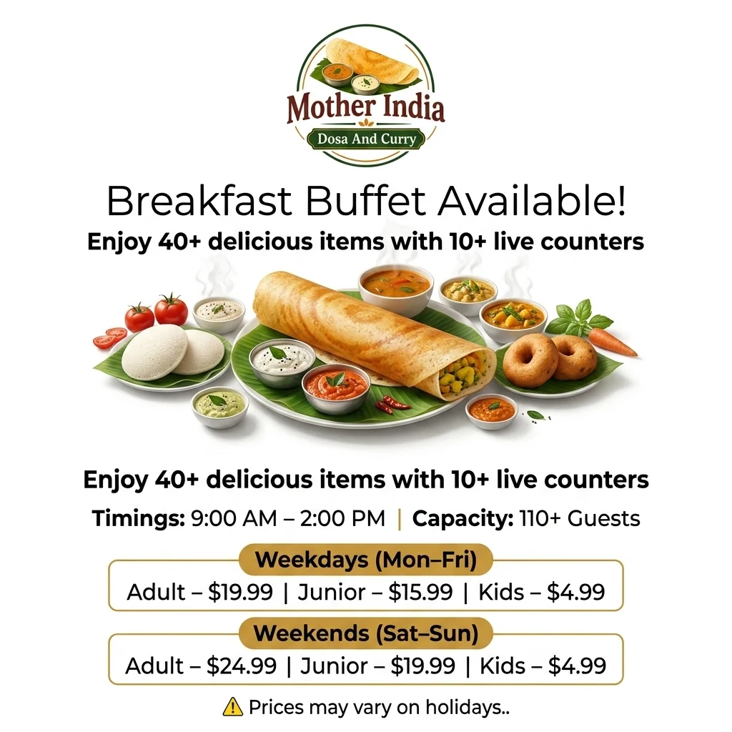 Indian breakfast buffet at Mother India Dosa And Curry Calgary NE — 9 AM to 2 PM daily