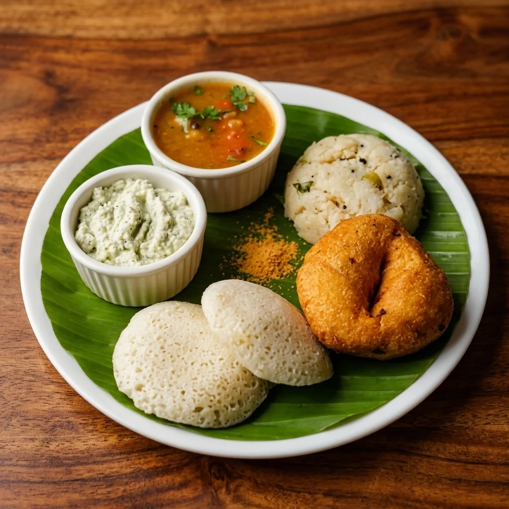 Idli Vada Combo at Mother India Dosa And Curry Calgary NE — soft steamed idli with crispy medu vada, sambar and chutney