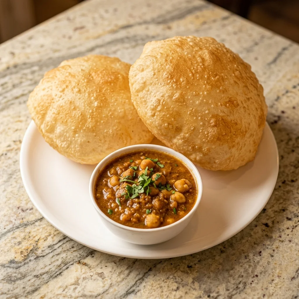 Chole Bhature at Mother India Dosa And Curry Calgary — fluffy bhatura with boldly spiced chickpea curry