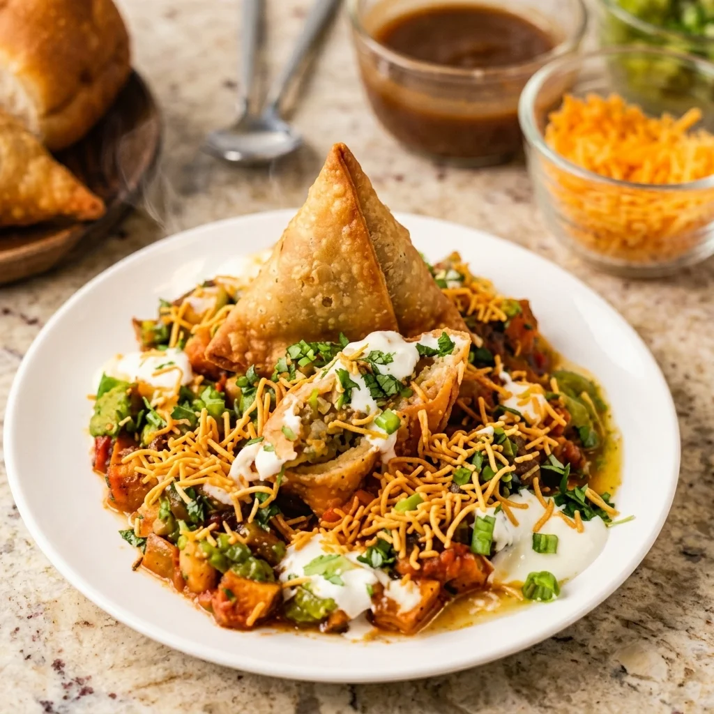 Samosa chaat at Mother India Dosa And Curry Calgary - Indian street food with chickpeas, yogurt and chutneys